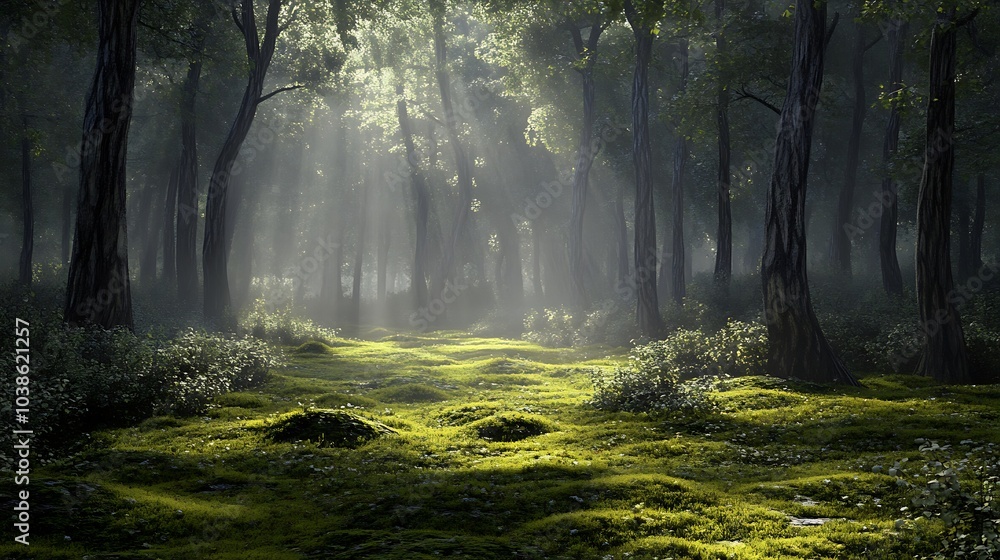 Fototapeta premium Whispers of sunlight through mist over mossy forest floor