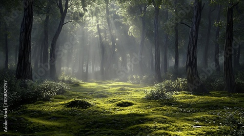 Whispers of sunlight through mist over mossy forest floor