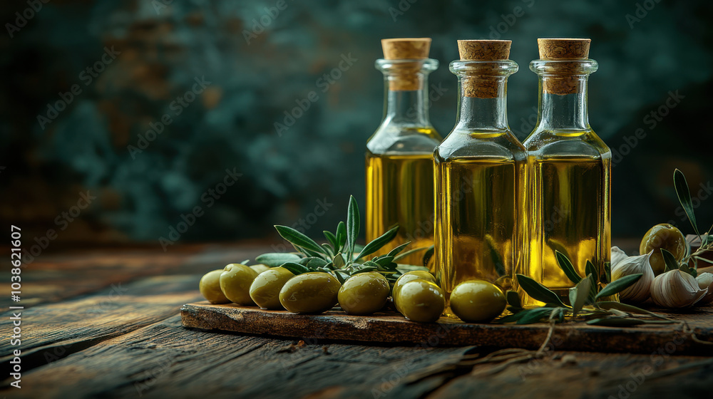 Three glass bottles filled with olive oil sit beside fresh olives and garlic on a rustic wooden surface, illuminated with soft, natural lighting. Three glass bottles filled with olive oil sit beside fresh olives and garlic on a rustic wooden surface, illuminated with soft, natural lighting.