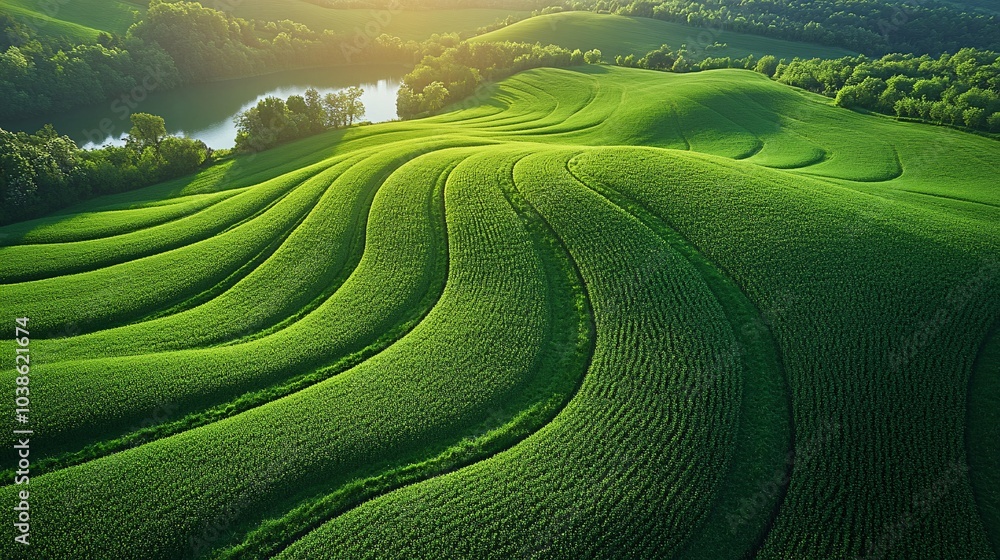 Fototapeta premium Aerial View of Curving Lines in Green Grass Landscape