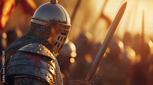 A knight in full armor stands with a sword in hand, ready for battle. The setting sun casts a warm glow on the scene, creating a sense of anticipation and danger. photo