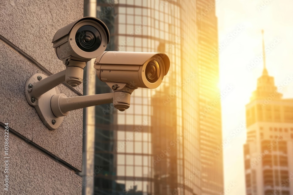 Surveillance cameras mounted on a building with sunset background. Surveillance cameras mounted on a building with sunset background.