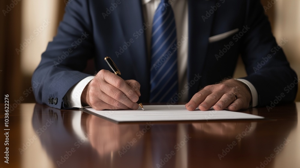 Businessman writing on paper, focus on hands and pen. Businessman writing on paper, focus on hands and pen.
