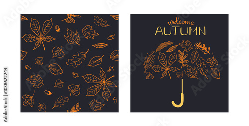 Two autumn-themed cards: pattern of orange leaves, acorns on the left, and "WELCOME AUTUMN" with leaves and an umbrella on the right, evoking a cozy fall feel for poster, banner, fall designs.