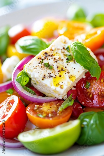 colorful summer salad topped with a block of feta cheese, vibrant cherry tomatoes, thinly sliced red onions, fresh basil leaves, and a wedge of lime