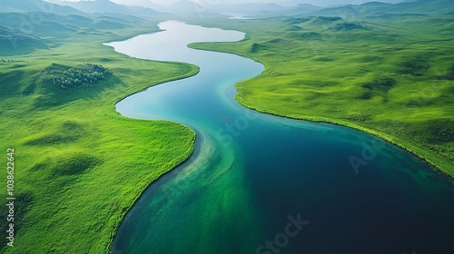 Aerial View of Green Grassland with Curving River