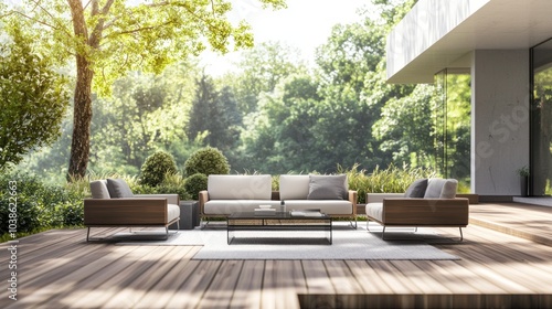 Fototapeta Naklejka Na Ścianę i Meble -  A sleek, minimalist patio with modern furniture, including low-profile chairs and a glass coffee table on a wooden deck.