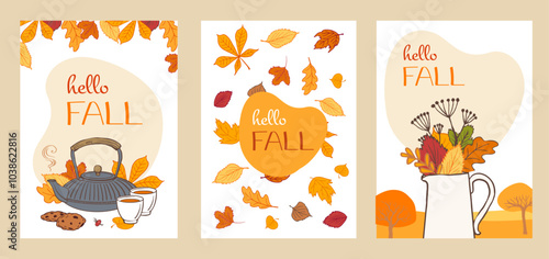 autumn postcards celebrate the season with teapots, warm drinks, leaves, and autumn bouquets. for fall  events, invitations, decor, posters, and cozy seasonal greetings.