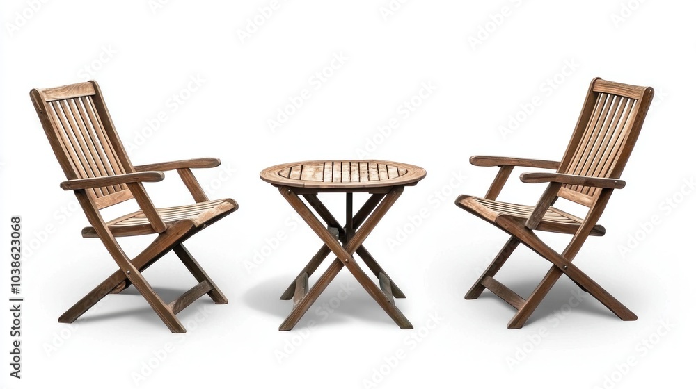 A set of patio furniture, including chairs and a small table, isolated on a white background with a shadow. A set of patio furniture, including chairs and a small table, isolated on a white background with a shadow.