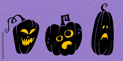 three black Halloween pumpkins adorned with yellow facial features spooky grin, surprised, sadness designed for spooky  invitations, festive decor, party decorations.