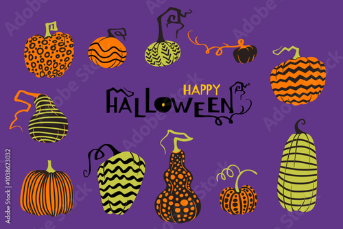 whimsical pumpkins with playful patterns like stripes and polka dots in orange, black, and green. It can be used for festive decorations, greetings, or invitations for Halloween parties.
