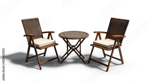 A set of patio furniture, including chairs and a small table, isolated on a white background with a shadow.