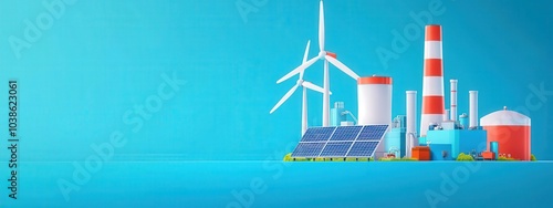 A vibrant illustration of a modern renewable energy power plant featuring wind turbines, solar panels, and a factory. Promotes sustainability and innovation.