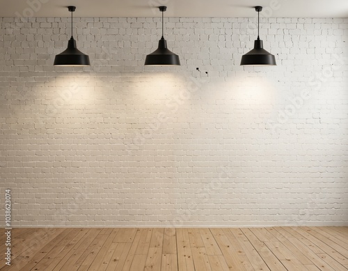 A minimalist, empty room with a white brick wall, three black pendant lights, and a wooden floor creates a tranquil and serene atmosphere photo