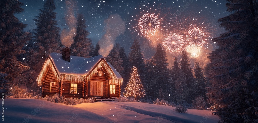 A cozy cabin in the woods, glowing with warm lights, as fireworks explode in the distance. Soft snow falls gently around the cabin, creating a picturesque holiday scene. A cozy cabin in the woods, glowing with warm lights, as fireworks explode in the distance. Soft snow falls gently around the cabin, creating a picturesque holiday scene.