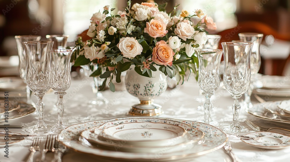 Elegant Formal Dinner Table Setting with Floral Centerpiece and Crystal Glasses Elegant Formal Dinner Table Setting with Floral Centerpiece and Crystal Glasses