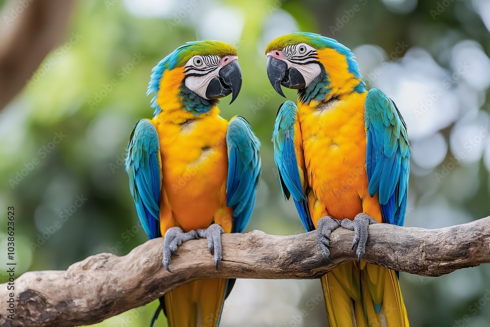 A pair of brightly colored parrots sitting closely on a branch, displaying companionship in a natural setting. A pair of brightly colored parrots sitting closely on a branch, displaying companionship in a natural setting.