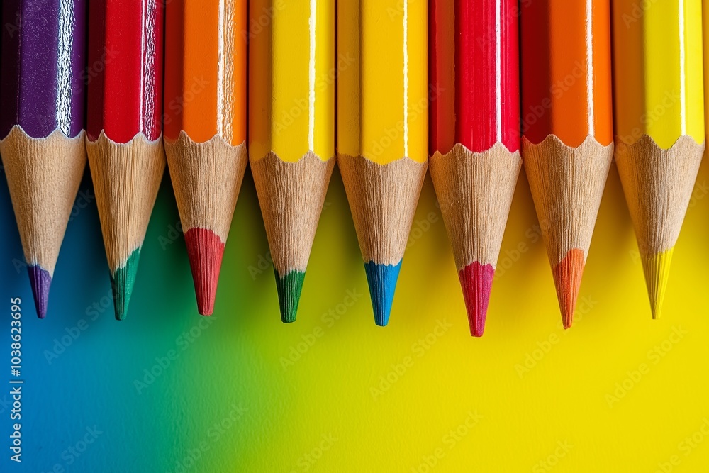 A close-up of sharpened pencils shows vibrant colors on a blended blue to yellow backdrop. A close-up of sharpened pencils shows vibrant colors on a blended blue to yellow backdrop.