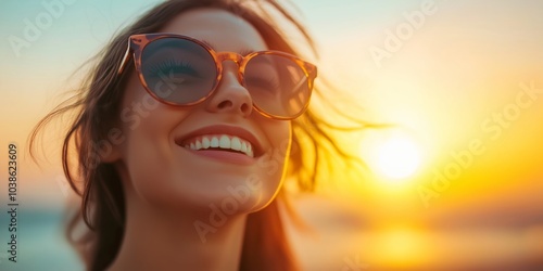 Wallpaper Mural A joyful woman wearing stylish sunglasses, smiling broadly, reflects warmth and happiness during a sunset. Torontodigital.ca