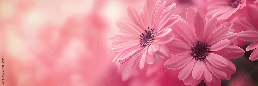 Obraz premium Delicate pink daisies with a blurred background create a dreamy and serene atmosphere filled with tranquility.