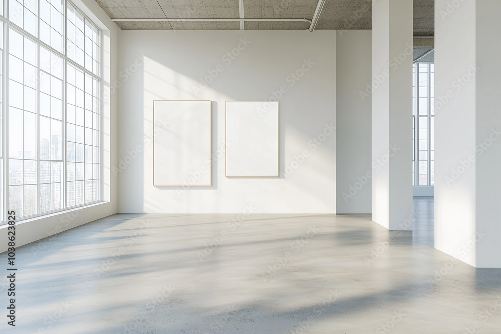Fototapeta premium Minimalist White Room with Concrete Floor and Sunlight Shadows