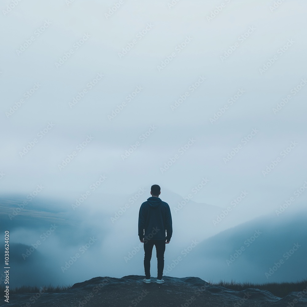 A solitary figure overlooks a foggy landscape, representing solitude and introspection combined with nature's majesty. A solitary figure overlooks a foggy landscape, representing solitude and introspection combined with nature's majesty.