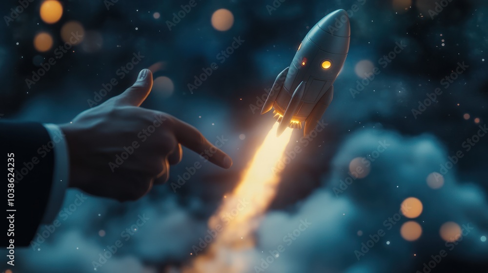 Naklejka premium Businessman touch rocket launch investment growth, planning and starting corporate business start up aiming objective value development leadership and customer target group.
