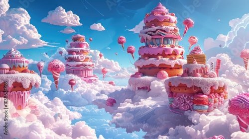 Whimsical candy-themed cloudscapes with floating cake structures and lollipop balloons. photo