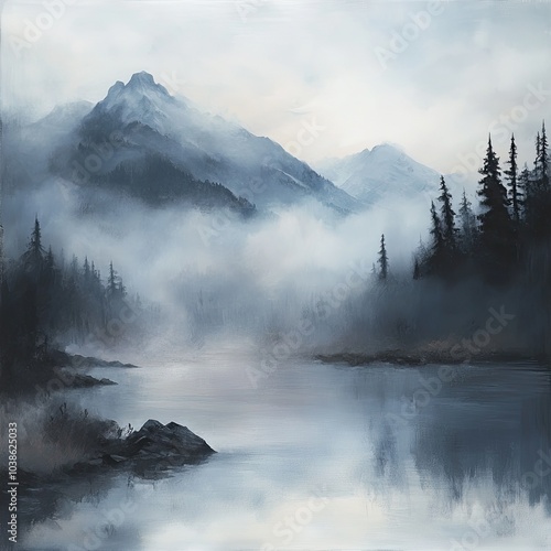 A serene landscape depicting misty mountains and a calm river, enveloped in soft fog and tranquil nature.