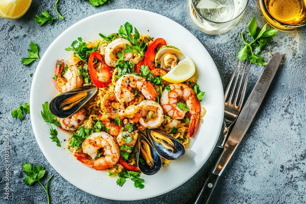 Delicious seafood paella with shrimp, mussels, and vibrant vegetables. Delicious seafood paella with shrimp, mussels, and vibrant vegetables.