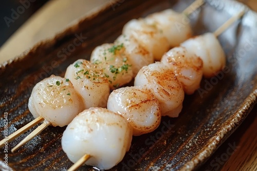 Delicious grilled seafood skewers served on wooden plate. photo