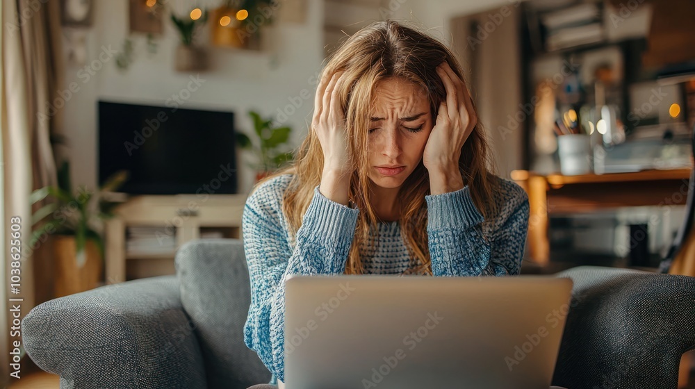 Woman experiencing a headache while working on laptop, stressed and frustrated Woman experiencing a headache while working on laptop, stressed and frustrated