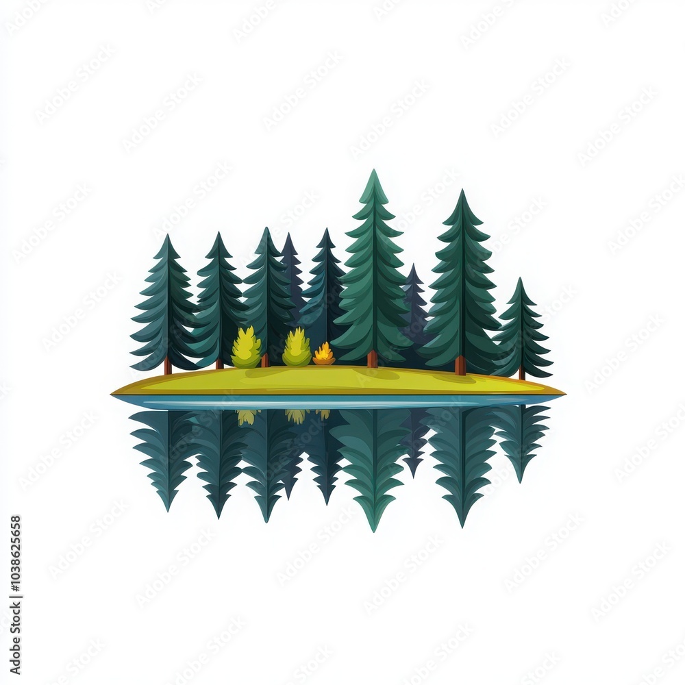 Obraz premium Forest trees with reflection in calm water, white isolate background.