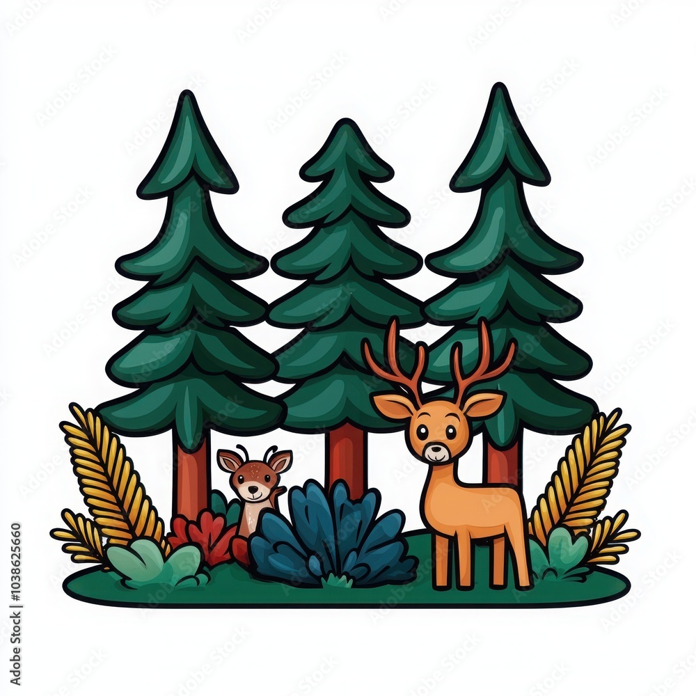 Deer in a forest, surrounded by trees and greenery, white isolate background. Deer in a forest, surrounded by trees and greenery, white isolate background.