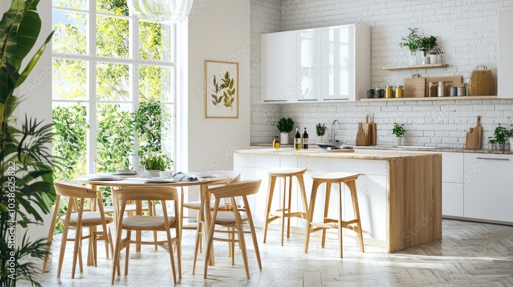 Obraz premium A bright kitchen showcasing new furniture, featuring a modern dining table and stylish bar stools.