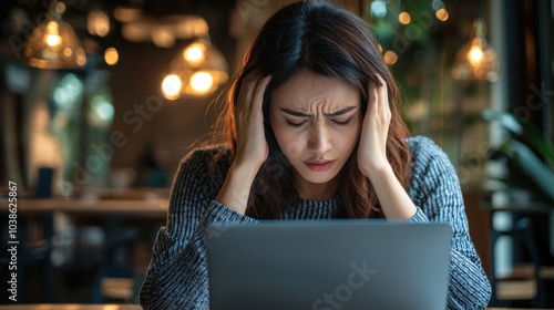 Woman experiencing a headache while working on laptop, stressed and frustrated 