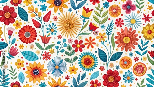 A whimsical symphony of blooming flowers in vibrant hues, a seamless pattern of colorful petals and lush foliage, a tapestry of nature's artistry