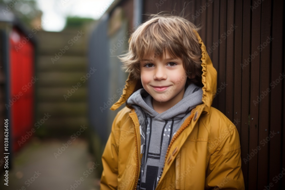 Portrait of a cute little boy in a yellow jacket outdoors. Portrait of a cute little boy in a yellow jacket outdoors.