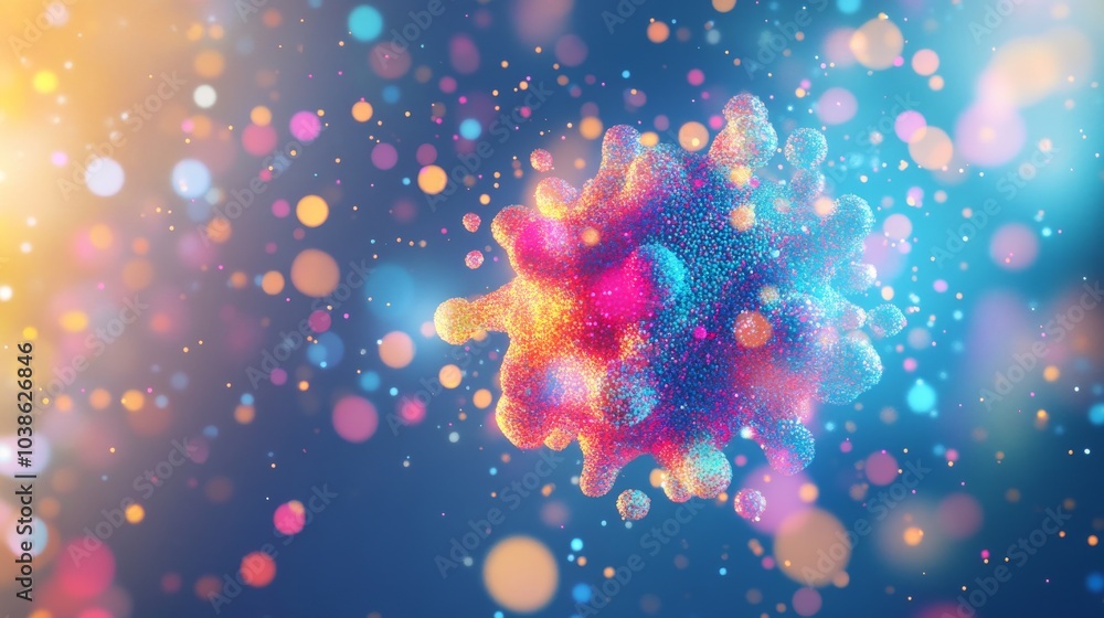 A colorful image shows a cancer cell made of bright, glowing dots. The blue background suggests medical testing and treatment for cancer. A colorful image shows a cancer cell made of bright, glowing dots. The blue background suggests medical testing and treatment for cancer.