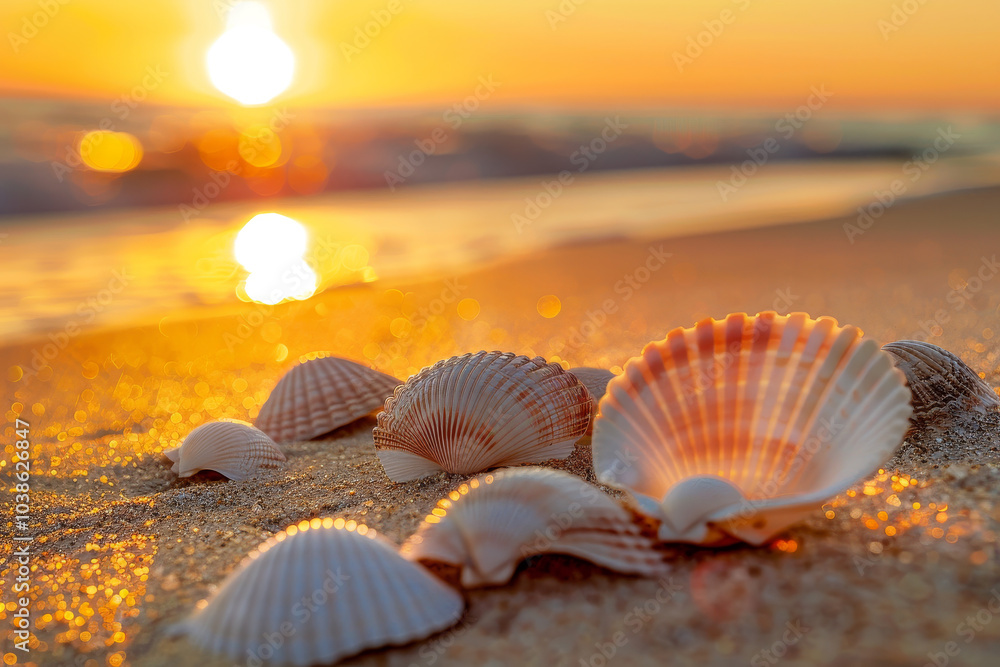 A beach scene with shells scattered on the sand A beach scene with shells scattered on the sand