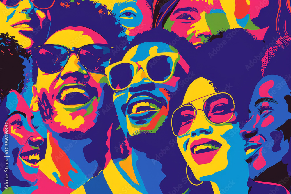 A colorful painting of people wearing sunglasses and smiling A colorful painting of people wearing sunglasses and smiling
