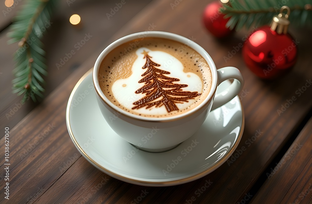 Cup of coffee with a painted Christmas tree with chocolate and milk foam, New Year's background Cup of coffee with a painted Christmas tree with chocolate and milk foam, New Year's background