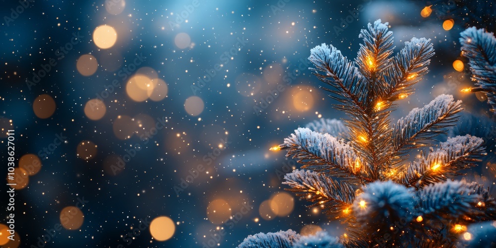 Christmas background. Xmas tree with snow decorated with garland lights, holiday festive background. Christmas background. Xmas tree with snow decorated with garland lights, holiday festive background.