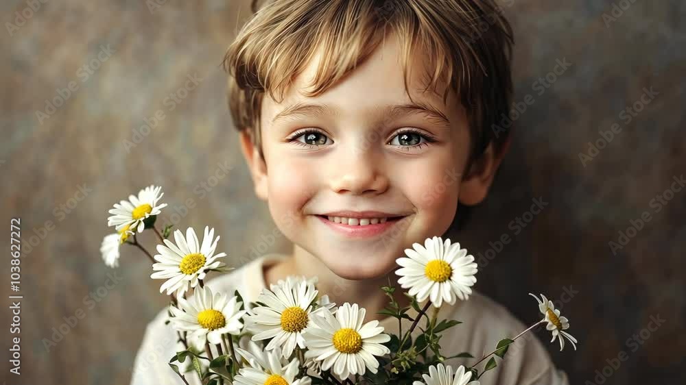 A young boy smiles brightly while holding a bouquet of daisies A young boy smiles brightly while holding a bouquet of daisies