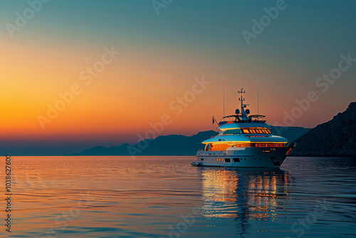 A large boat is sailing on the ocean at sunset