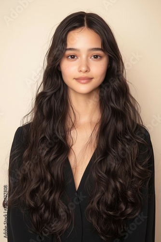 A Beautiful Young Woman with Long Wavy Hair Posing Confidently in a Studio Portrait