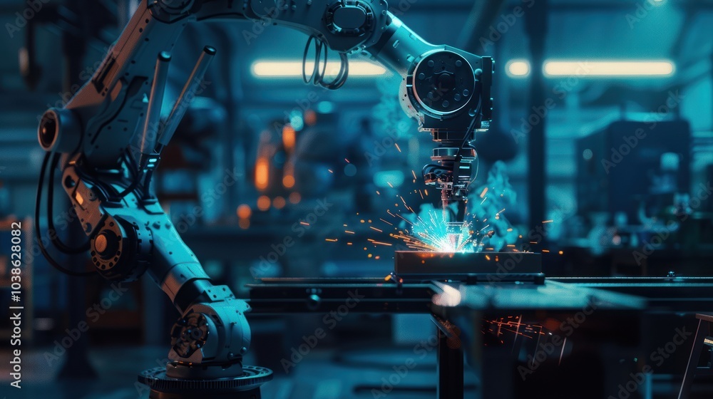 Futuristic robot metal welding with professional equipment in modern workshop, AI generated image Futuristic robot metal welding with professional equipment in modern workshop, AI generated image