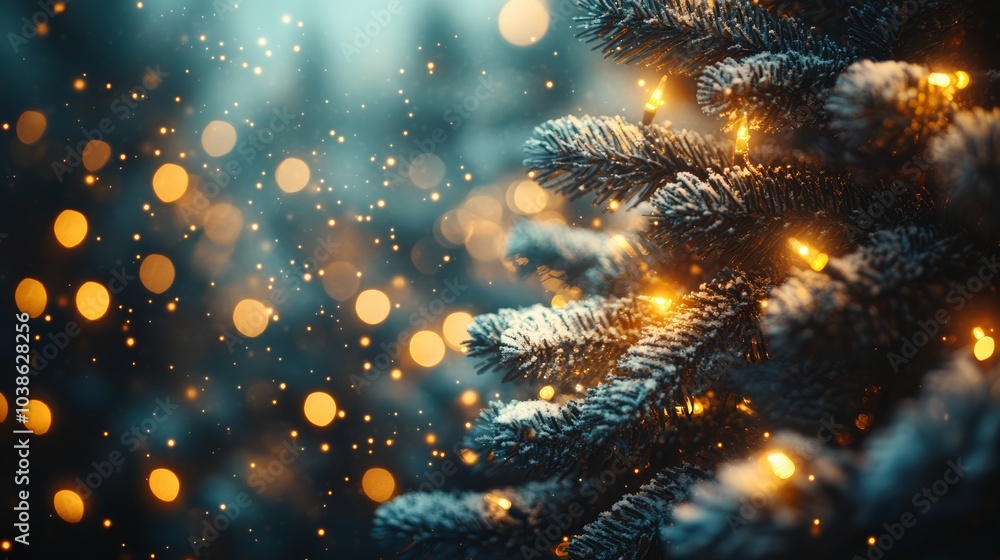 Christmas background. Xmas tree with snow decorated with garland lights, holiday festive background. Christmas background. Xmas tree with snow decorated with garland lights, holiday festive background.