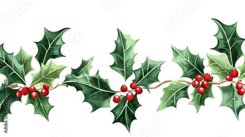 A design featuring holly leaves and berries against a white background. It's perfect for Christmas decorations or clipart. photo