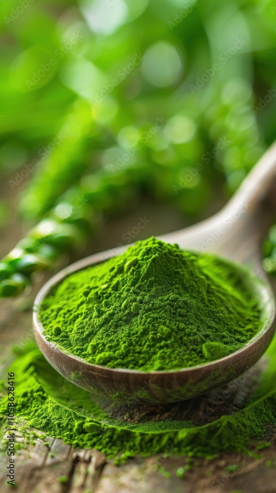 Green powder in a wooden spoon on a wooden surface with green plants in the background
Green powder in a wooden spoon on a wooden surface with green plants in the background
